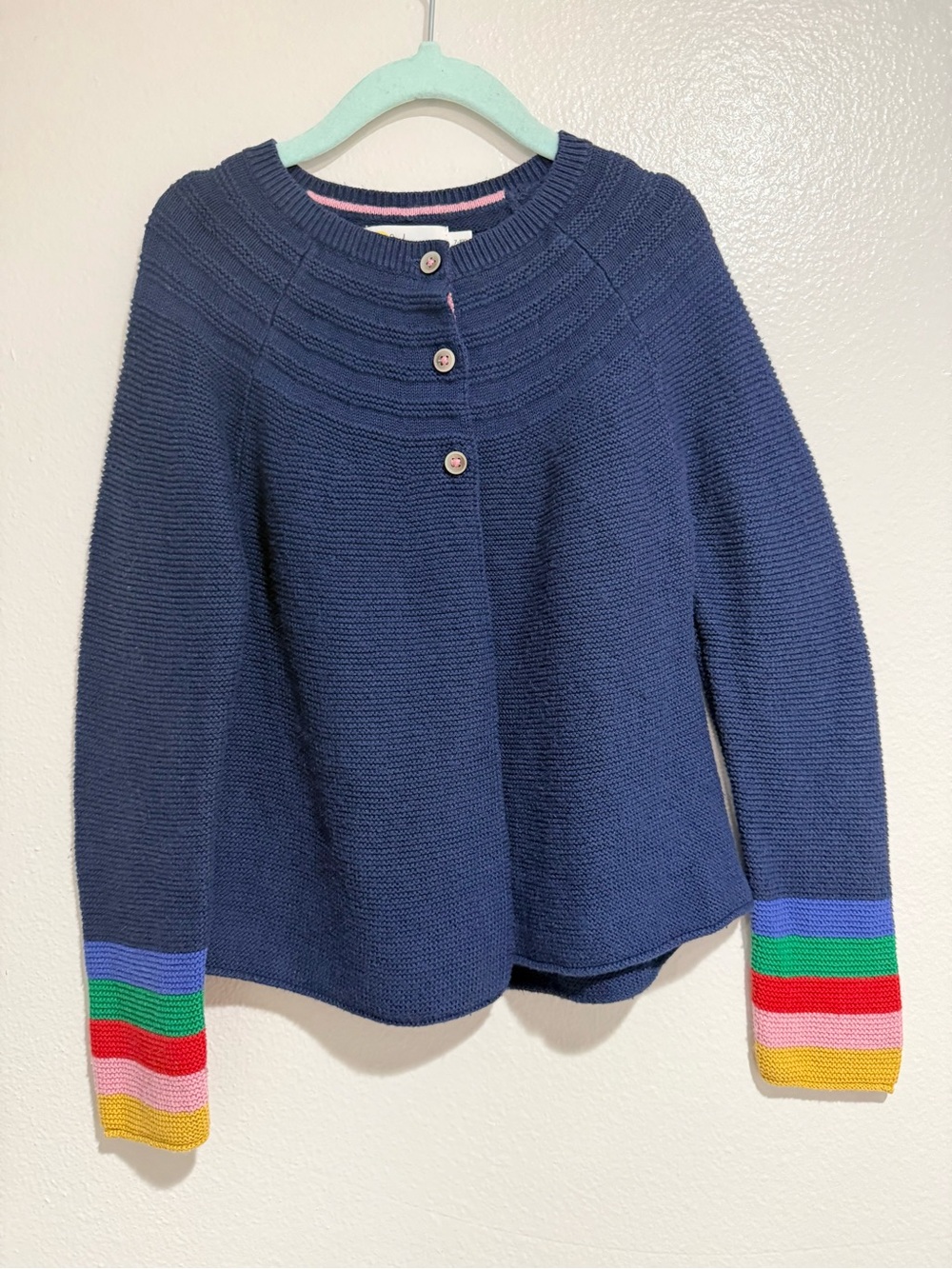 Mini Boden Navy Sweater with Rainbow Stripe Cuffs - Picture 1 of 4